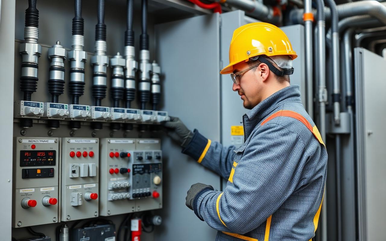 Elektryk w środkach ochrony pracujący przy rozdzielnicy energetycznej