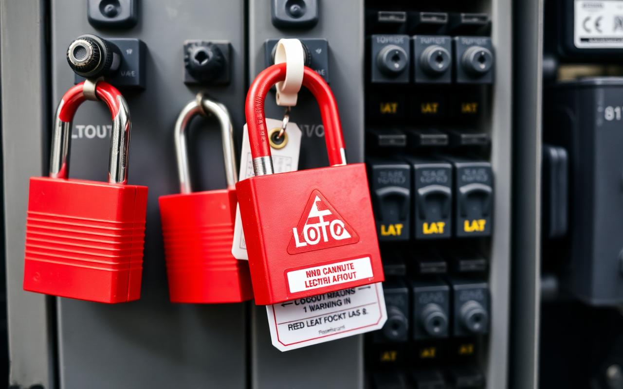 Czerwone kłódki LOTO i tabliczki ostrzegawcze blokujące rozdzielnicę elektryczną