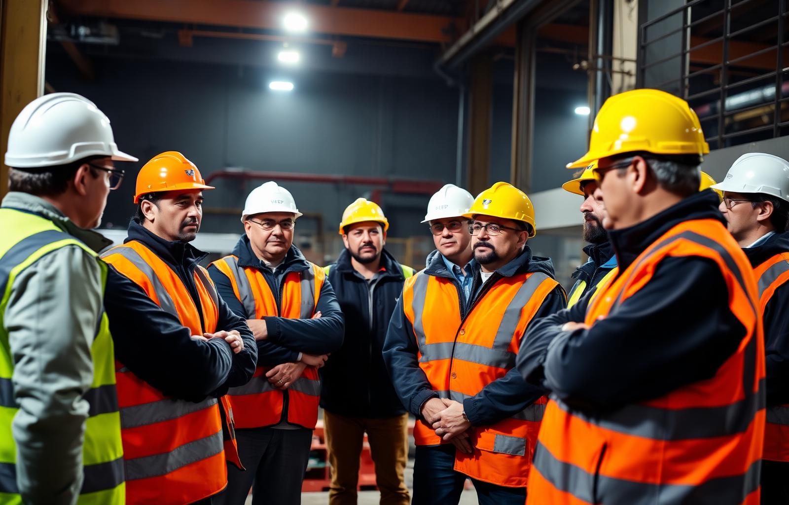 Pracownicy w kaskach i kamizelkach na szkoleniu BHP w hali przemysłowej
