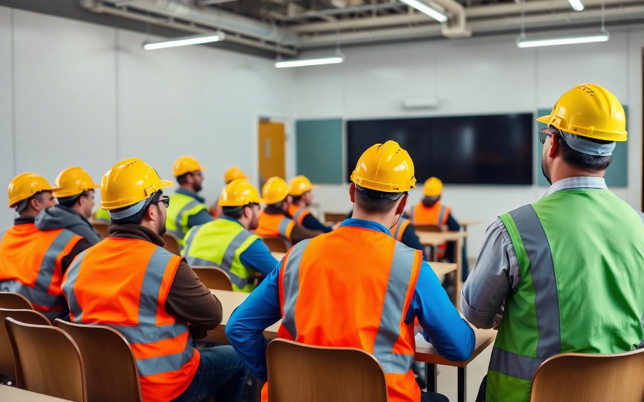 Pracownicy w kaskach i kamizelkach na okresowym szkoleniu BHP w sali szkoleniowej