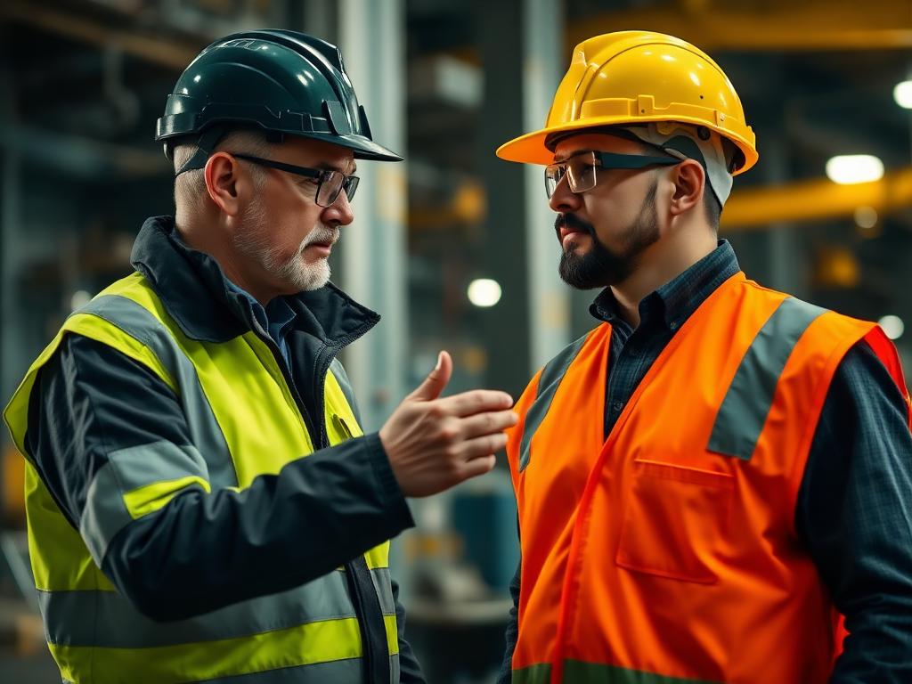 Instruktor BHP omawiający środki ochrony z nowym pracownikiem