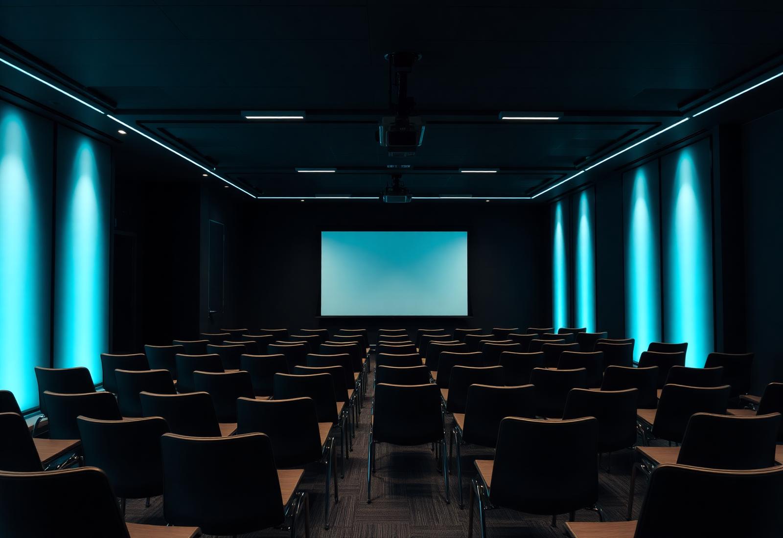 Nowoczesna sala szkoleniowa z oświetleniem cyan